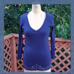 Size M/L 6-10 Cotton V-neck Ribbed Hooded Long Sleeve Tee by POUT Navy blue